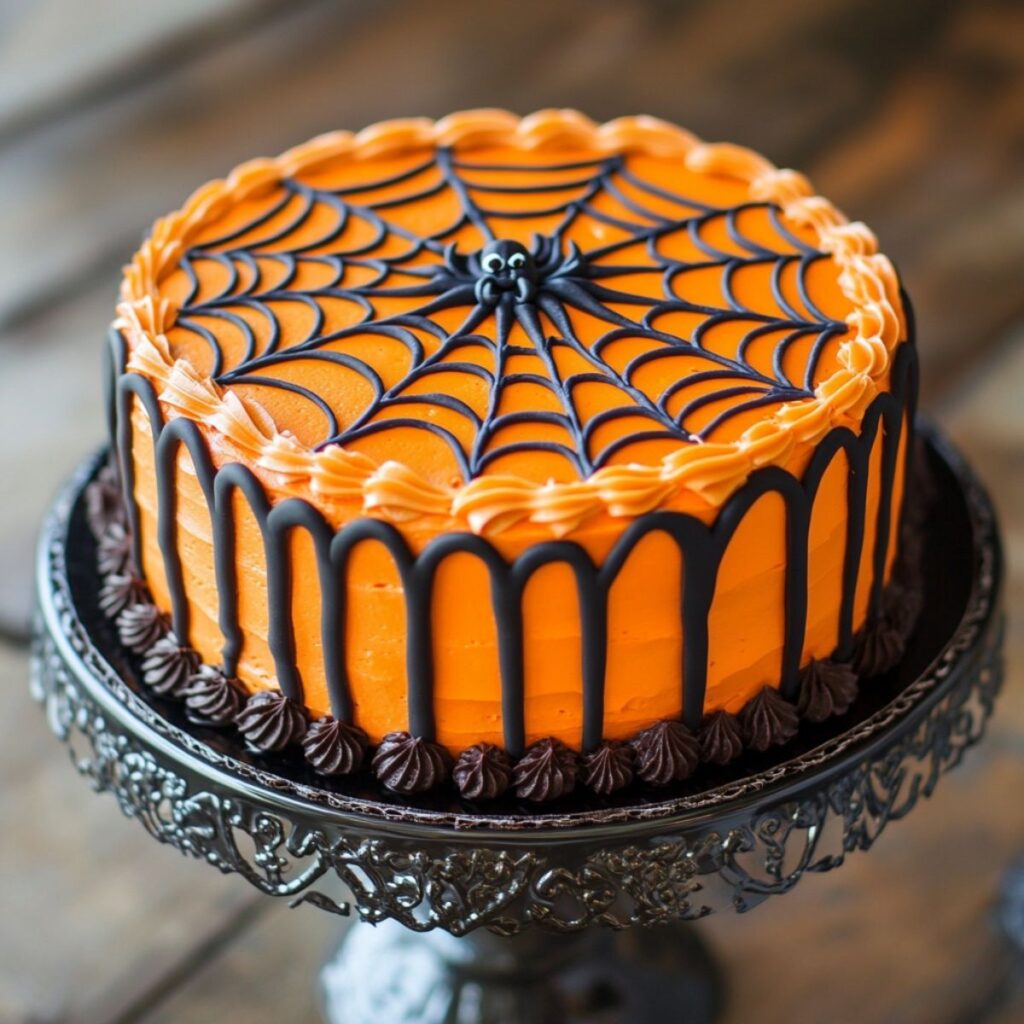 Orange cake decorated with a spiderweb. 