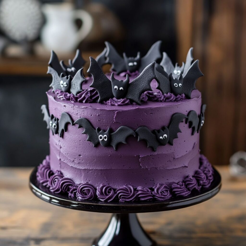 Purple cake decorated with bats.