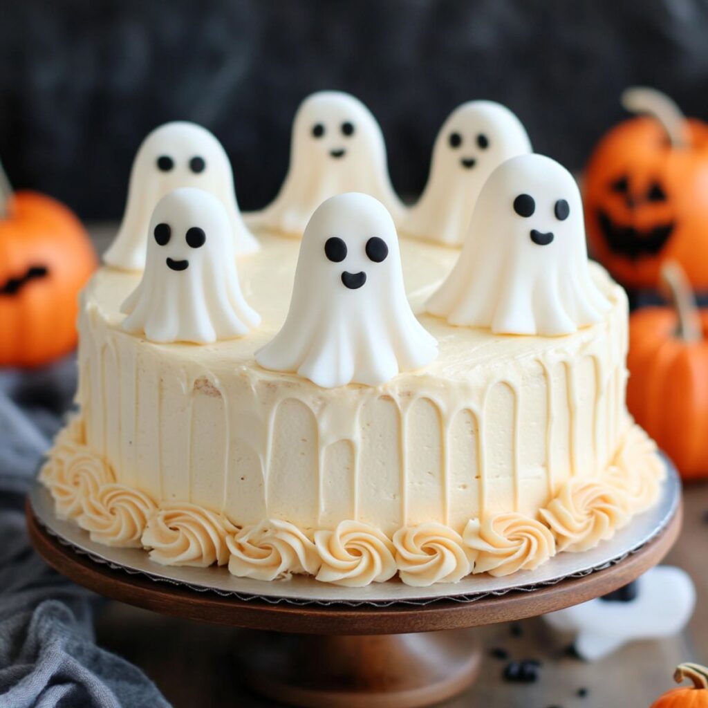 Cake with ghosts on the top.