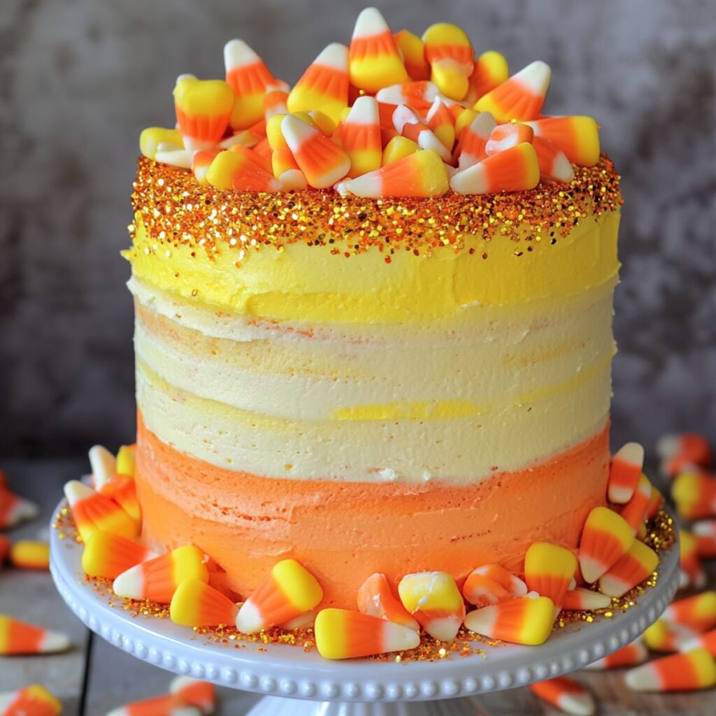 Cake decorated with orange and yellow frosting and topped with candy corn.