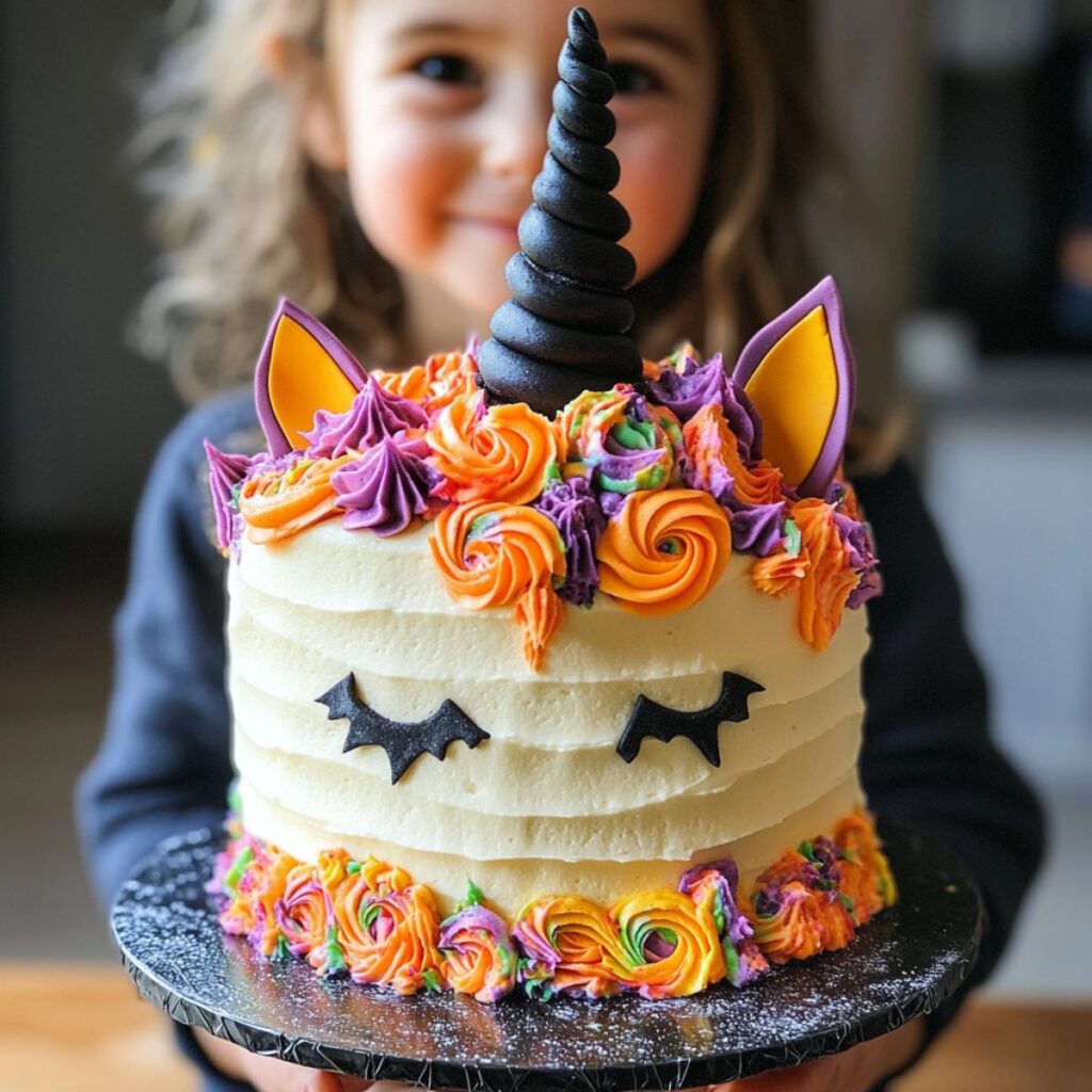 Girl holding a unicorn cake.