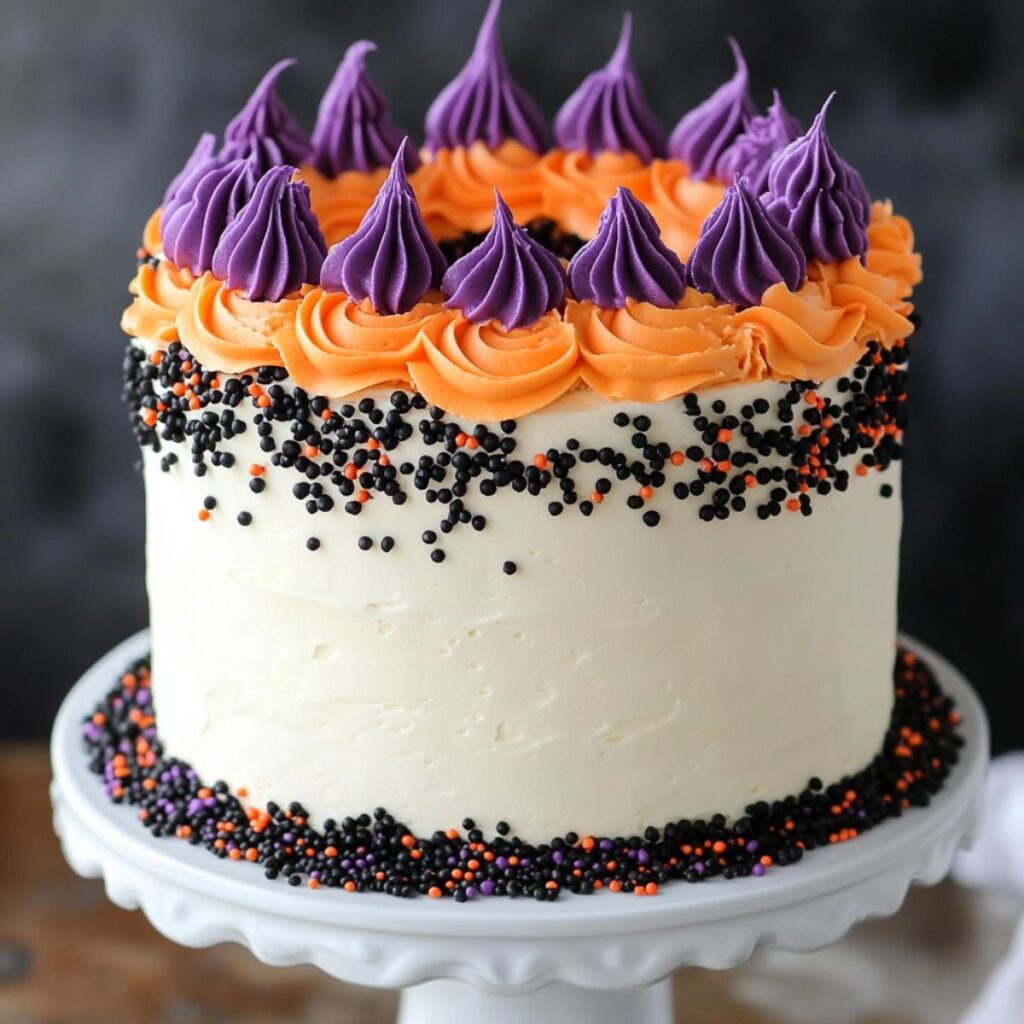 White cake topped with orange and purple frosting.
