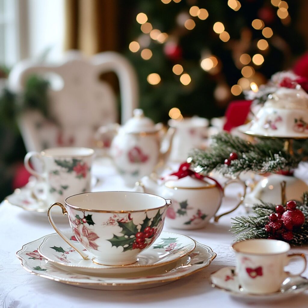 Christmas tea cups on a table. 