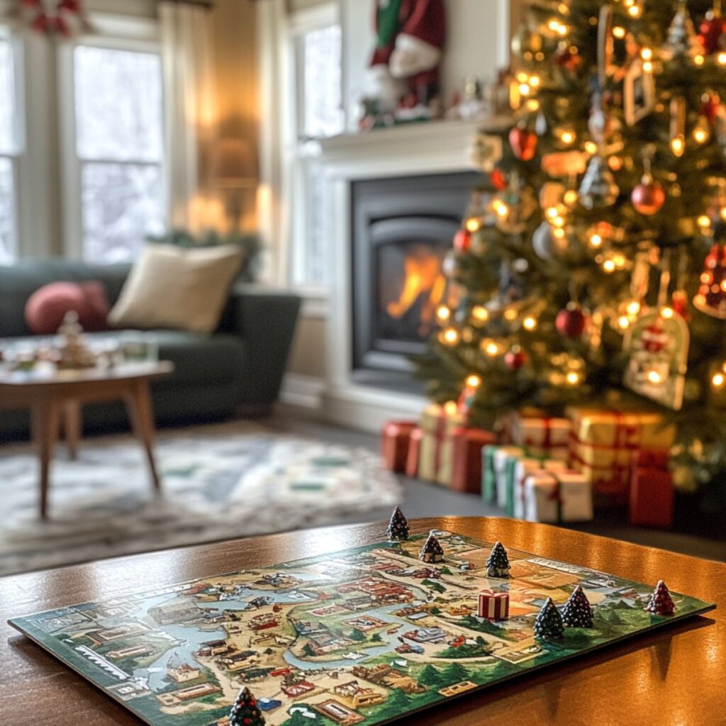 Board game on a table with a christmas tree.