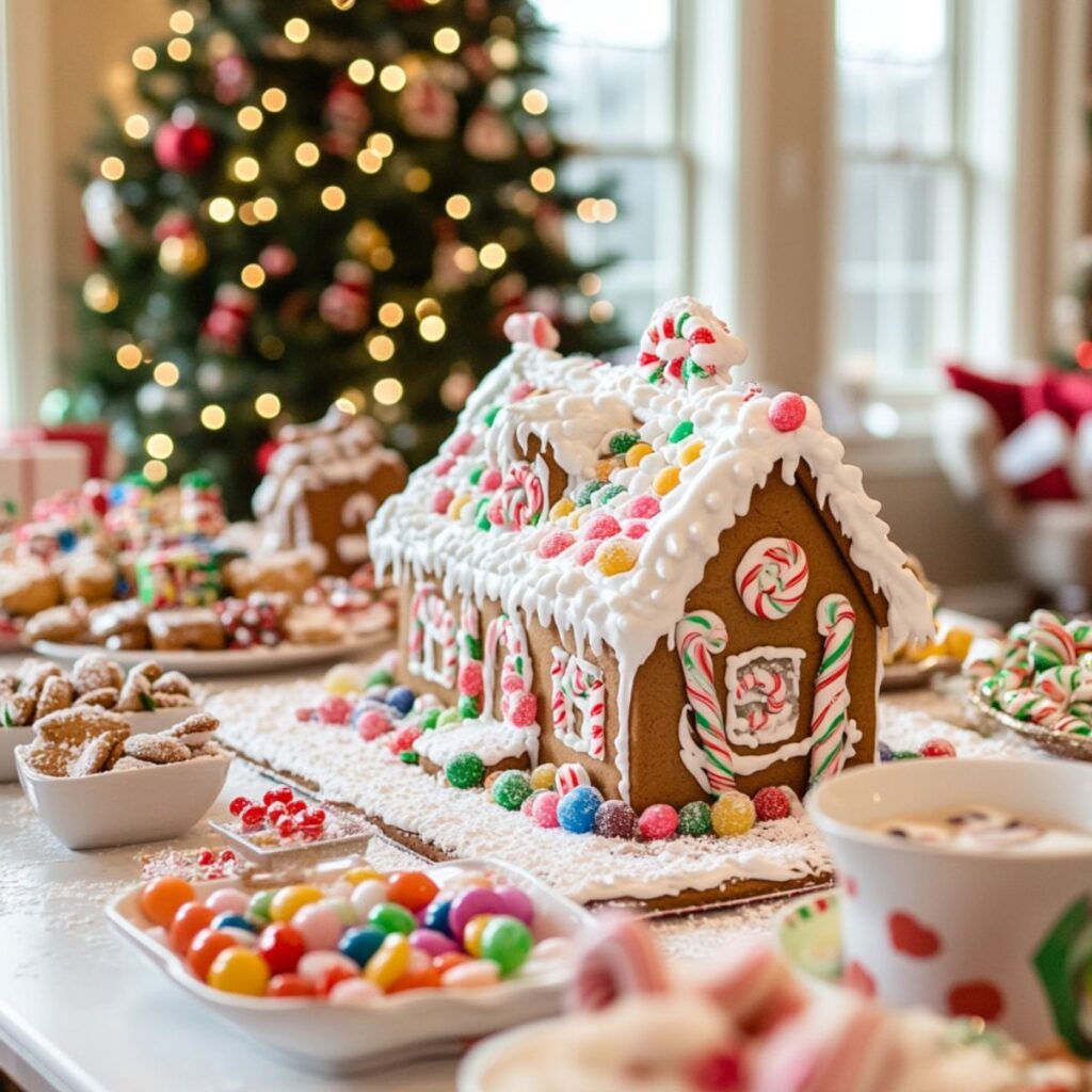 Gingerbread house on a table with candy.