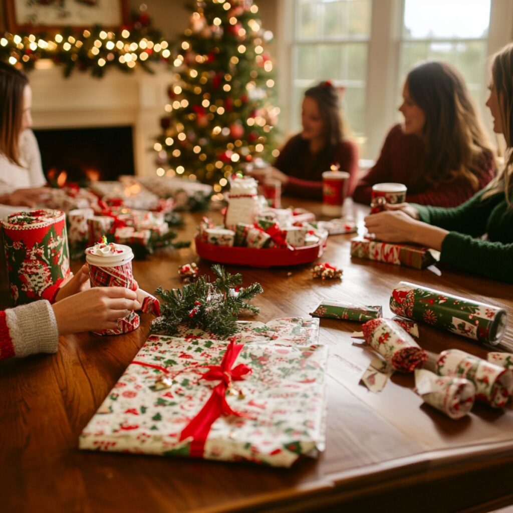 People at a table with christmas gifts and wrapping paper.