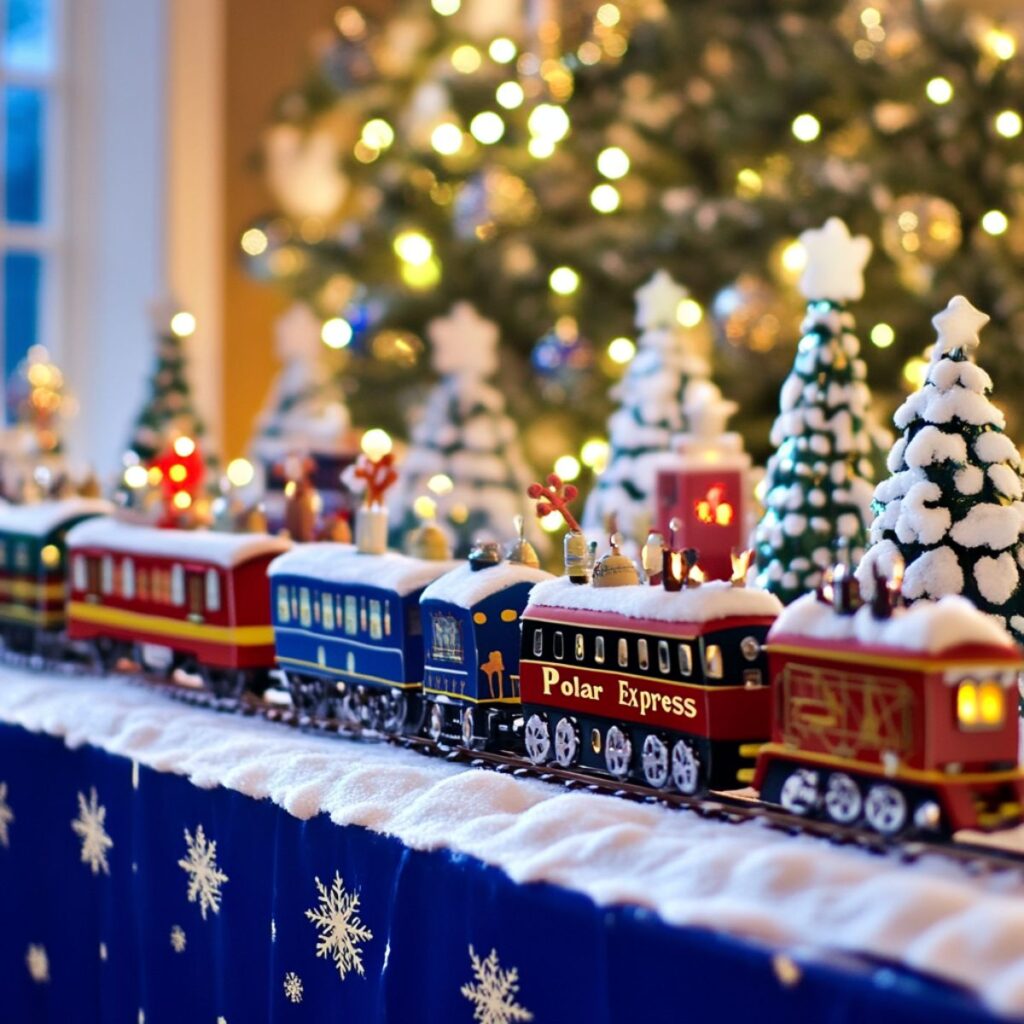 Toy train on a table with a Christmas tree.