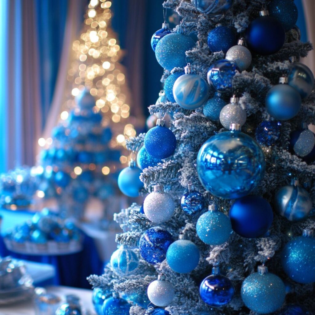 A Christmas tree with blue Christmas ornaments. 