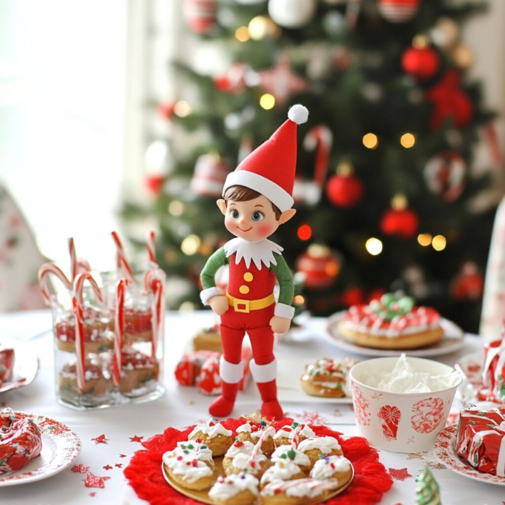 Christmas elf on a table with a christmas tree. 