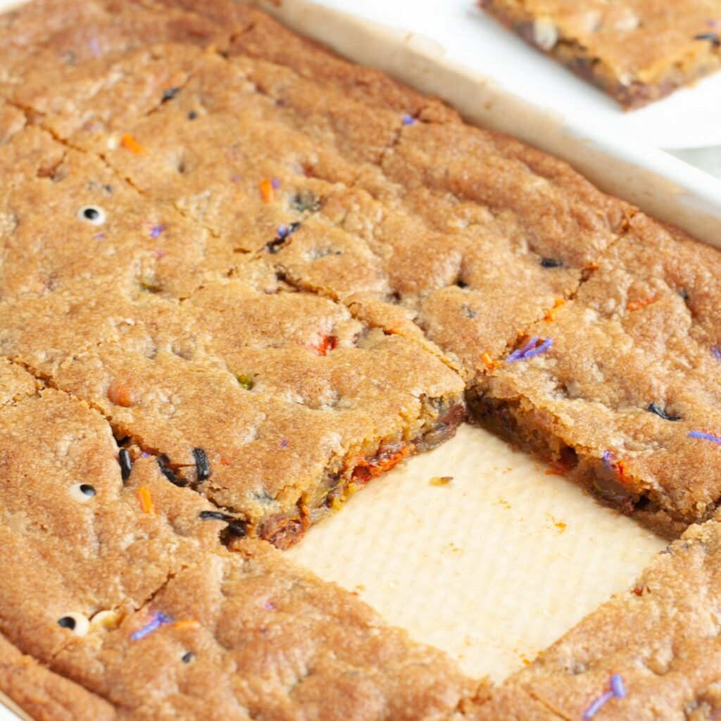 Cookie bars in a sheet pan.