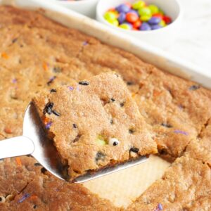 Cookie bars in a sheet pan.