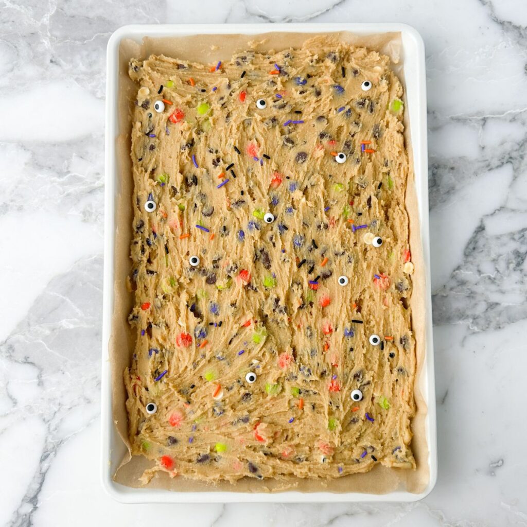 Baking pan with cookie dough.