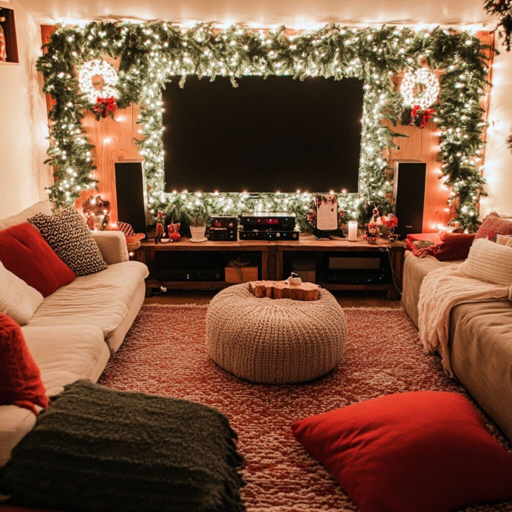 Living room decorated for Christmas.