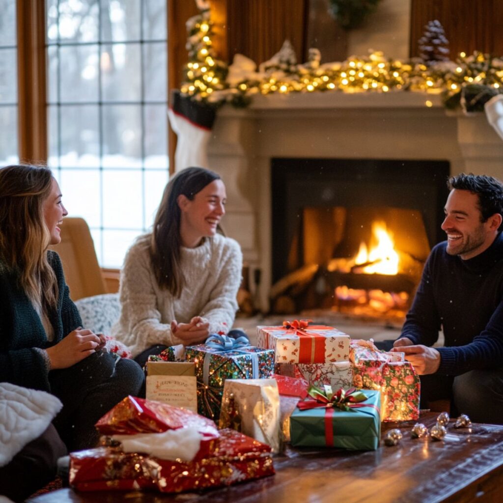 Friends sitting around a table with presents.