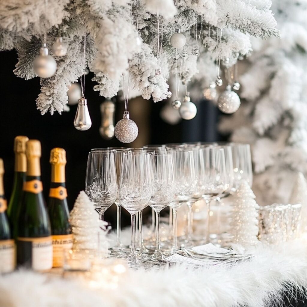 Party table decorated for white christmas.