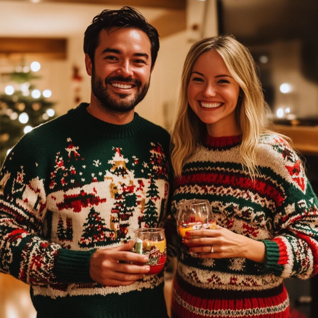 Two people with christmas sweaters.