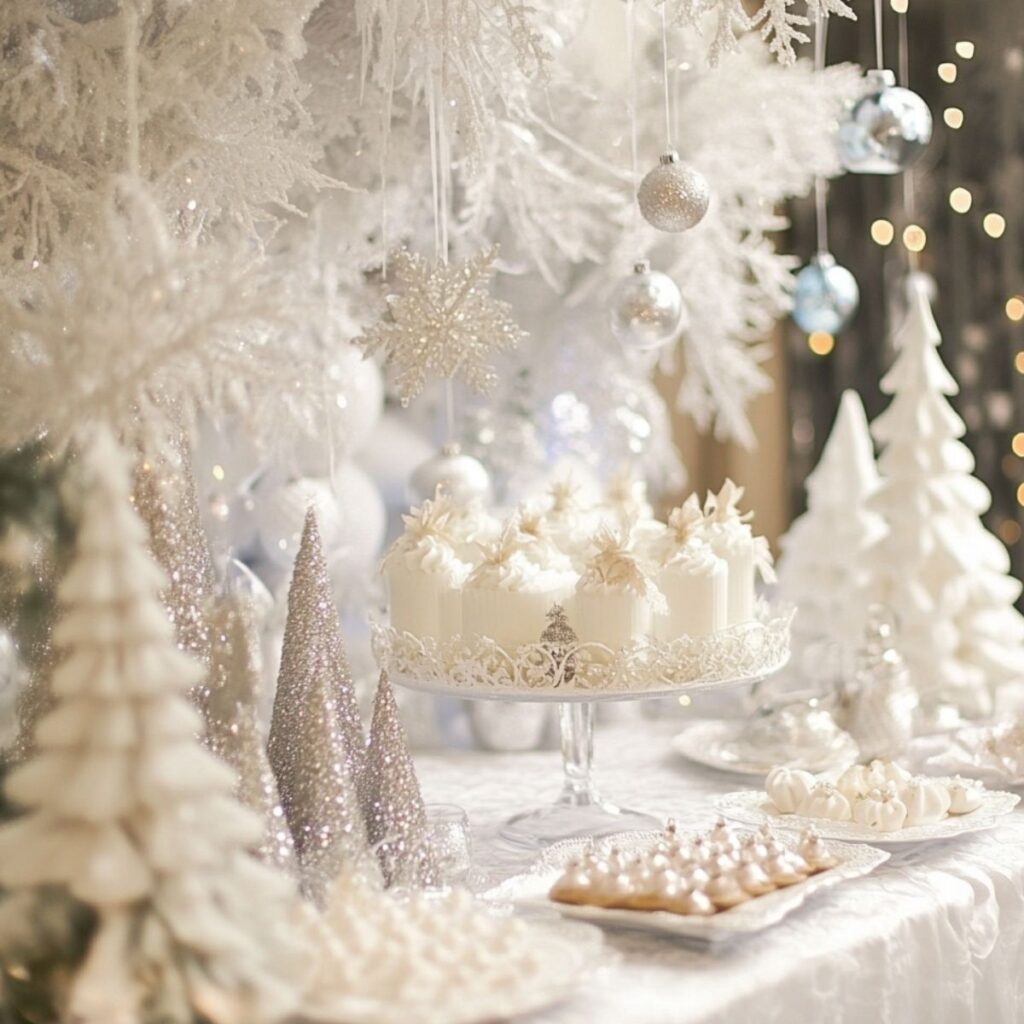 Table set with white christmas trees and white party food.