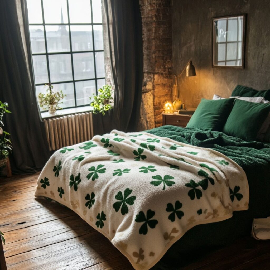 Bedroom with a bed with green sheets and topped with a four leaf clover comforter. 