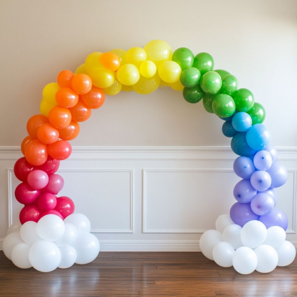 Rainbow balloon arch in a house.