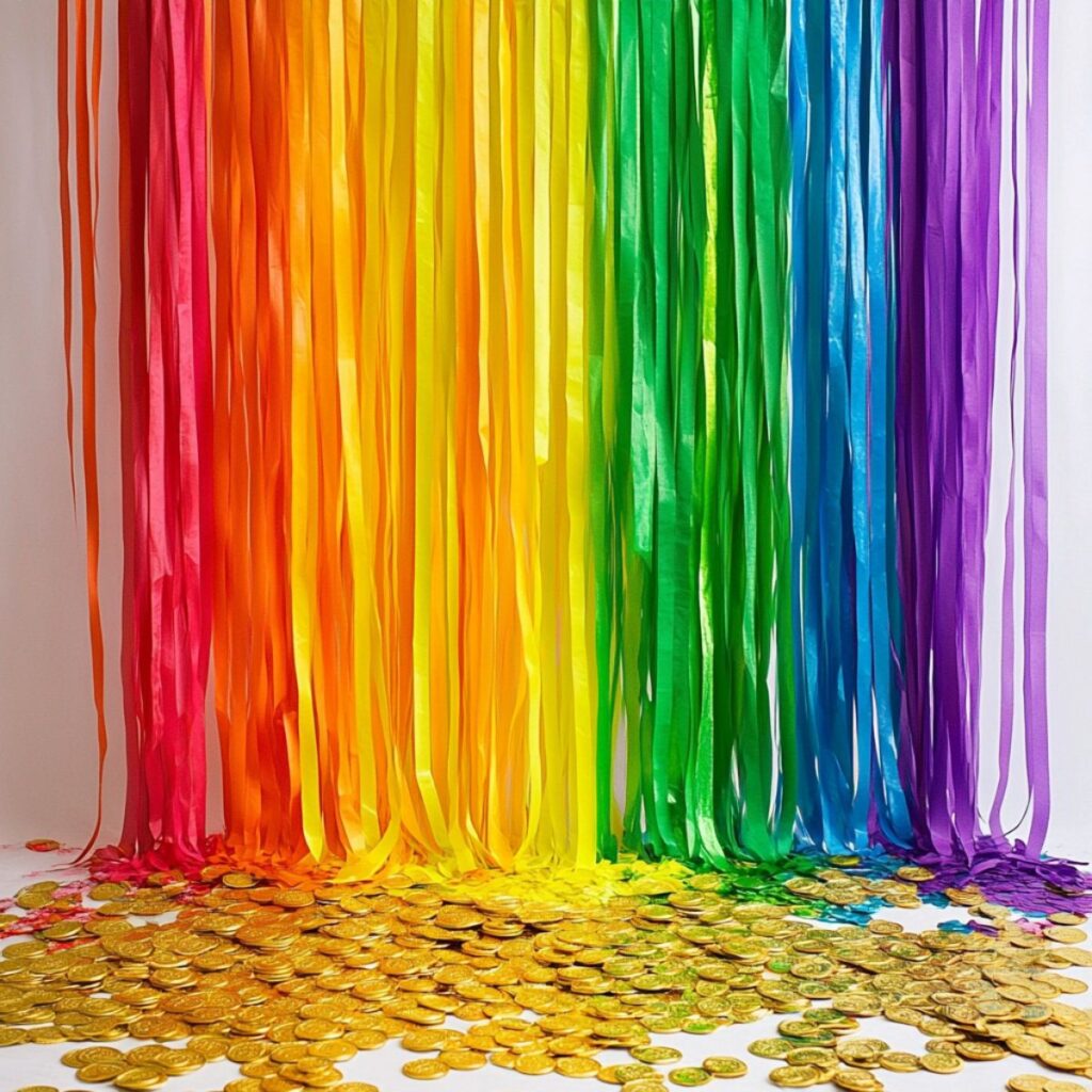 Rainbow streamers with gold coins on the ground. 