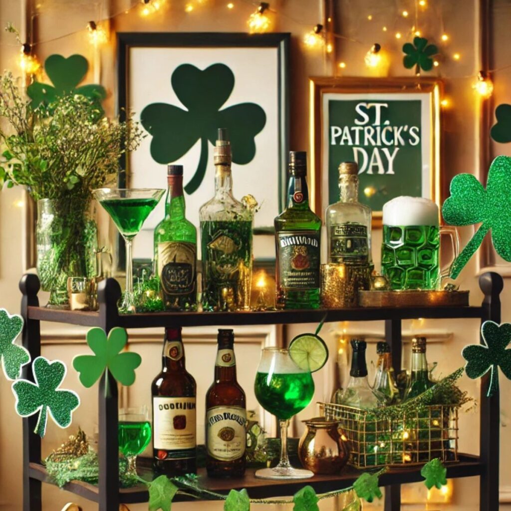 St. Patricks day themed bar cart. 