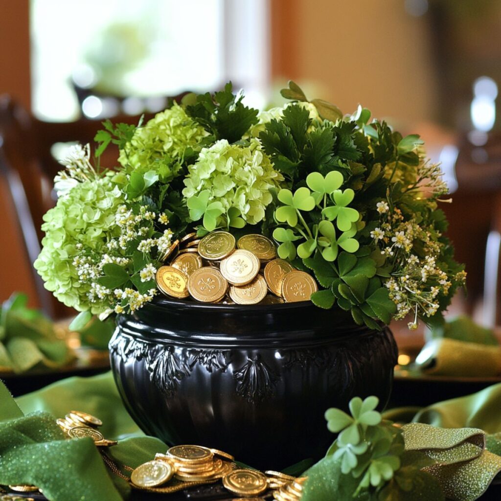 A black pot filled with green flowers and gold coins.