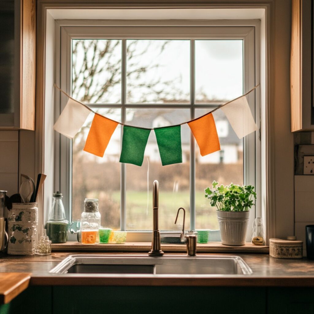 Kitchen window with white, orange, and green bunting.