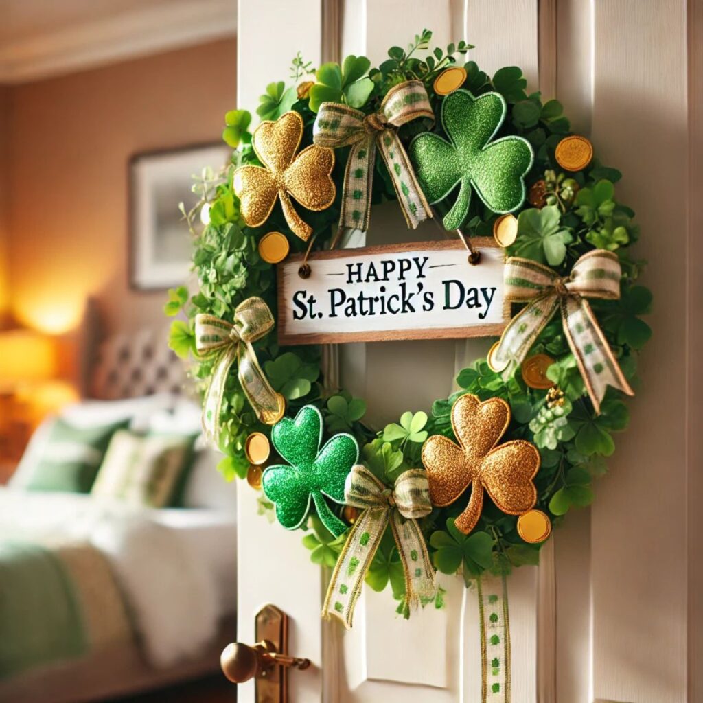 St. Patricks day wreath hanging on a bedroom door.