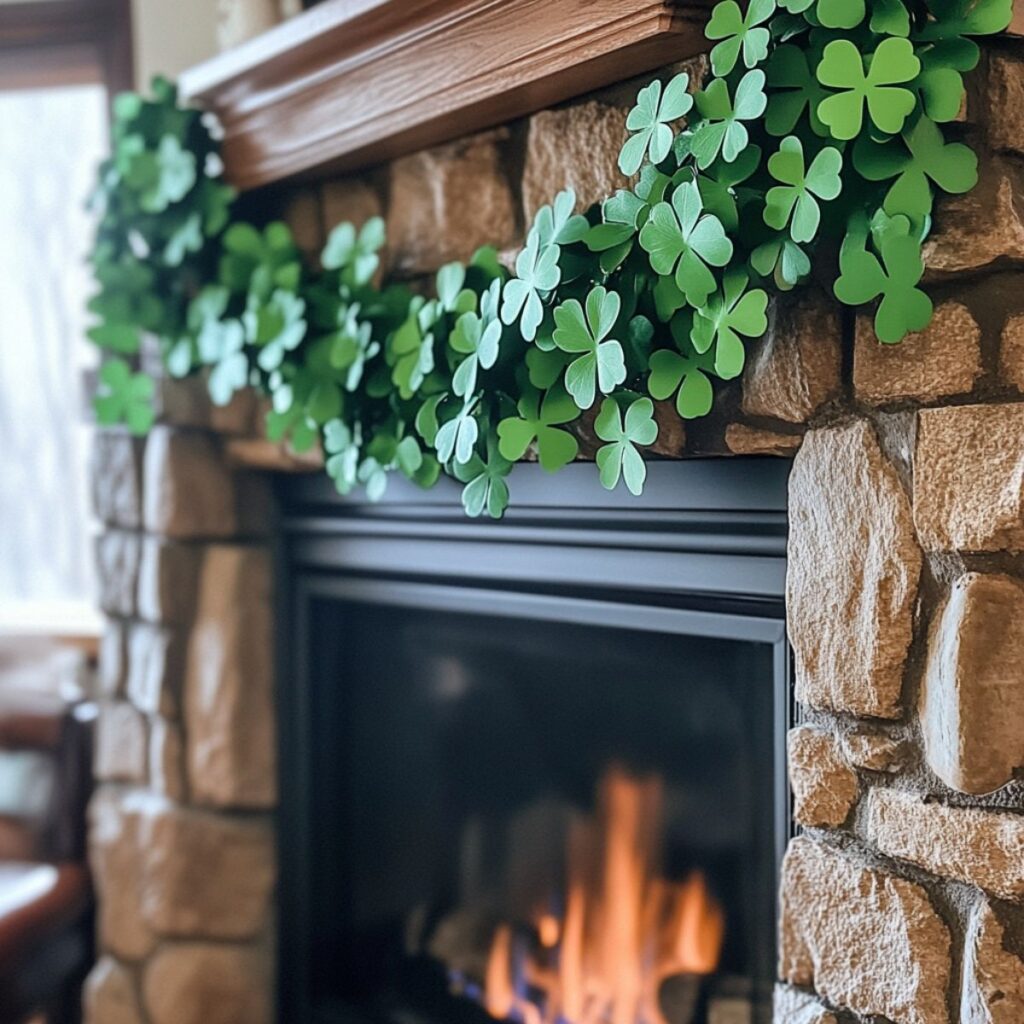 Fireplace with shamrock garland over top.