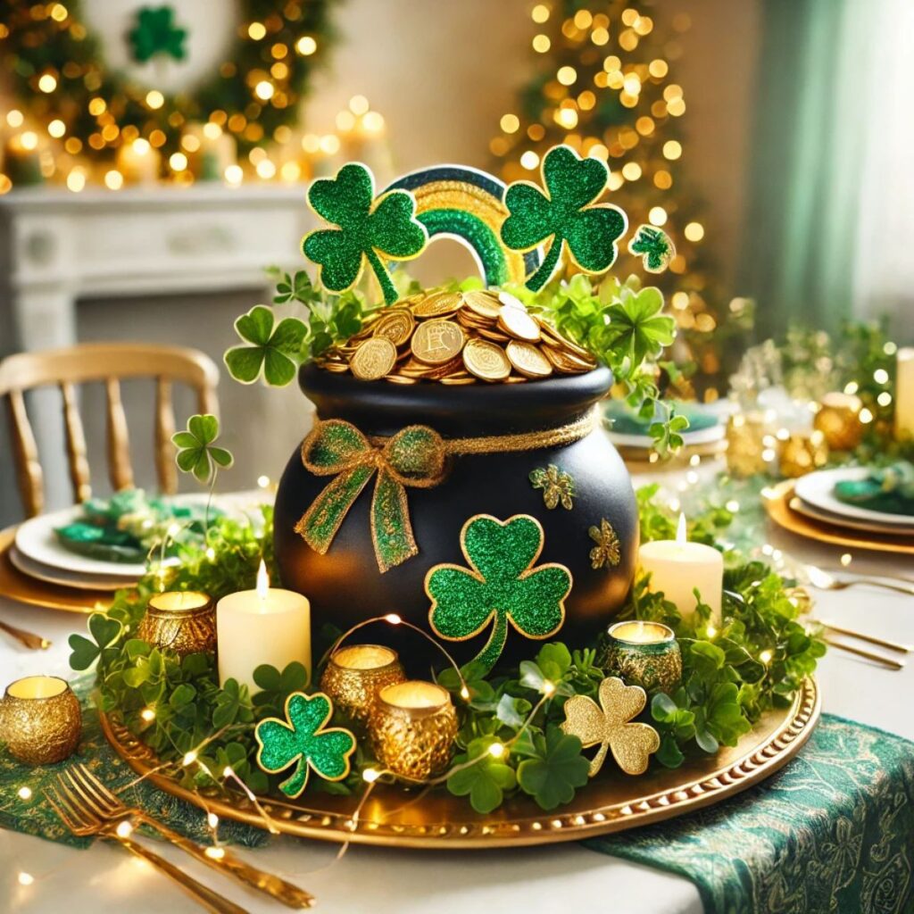 Table centerpiece with a pot of gold centerpiece for St. Patricks day. 