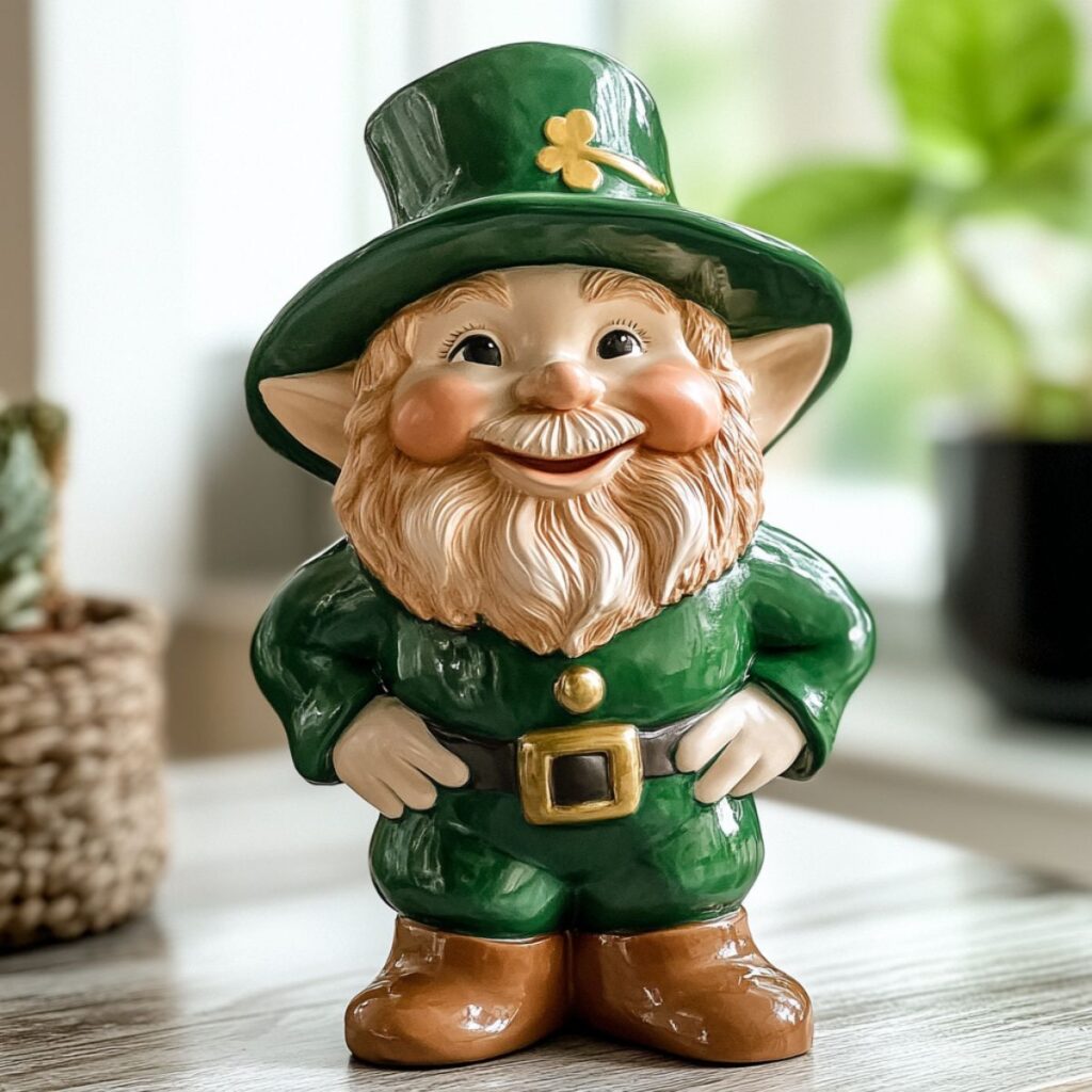 Leprechaun figurine on a table.
