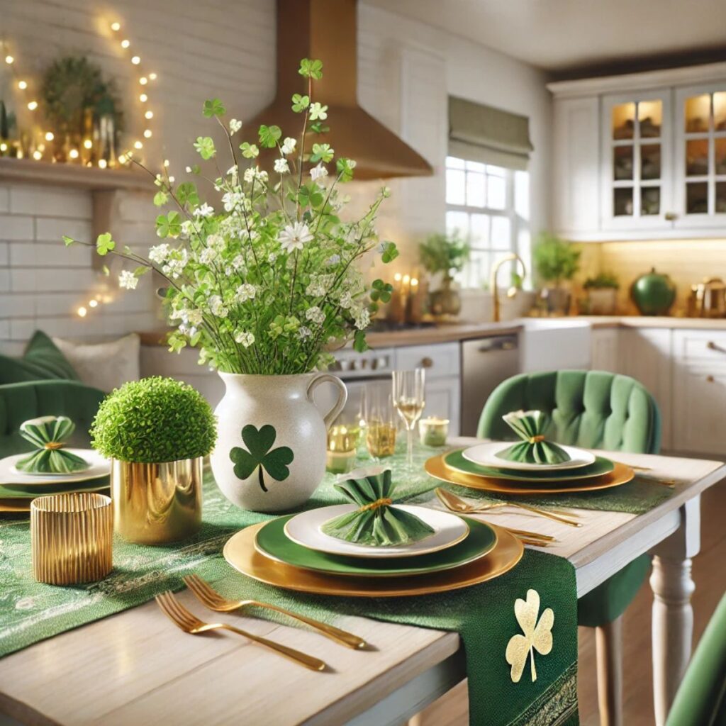 Kitchen table decorated for St. Patricks day. 