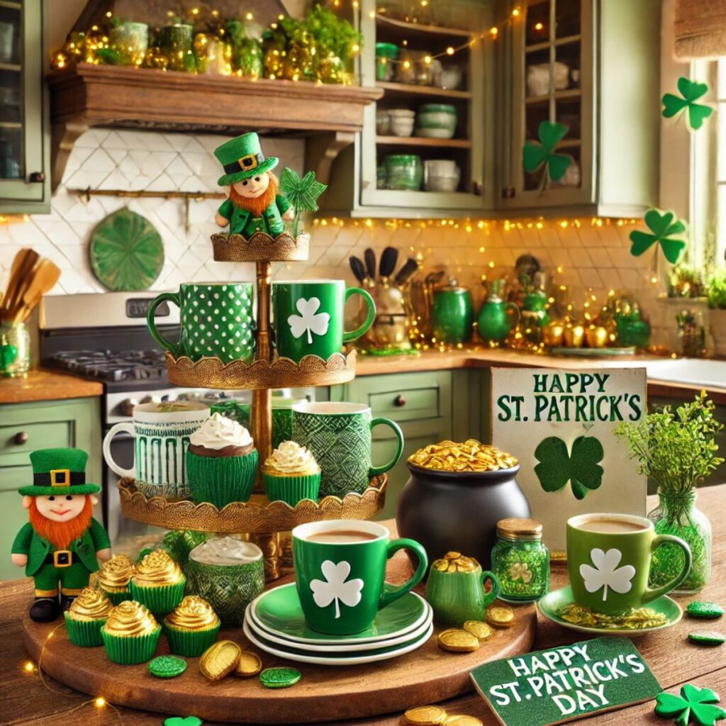 Kitchen decorated for st. patricks day. 