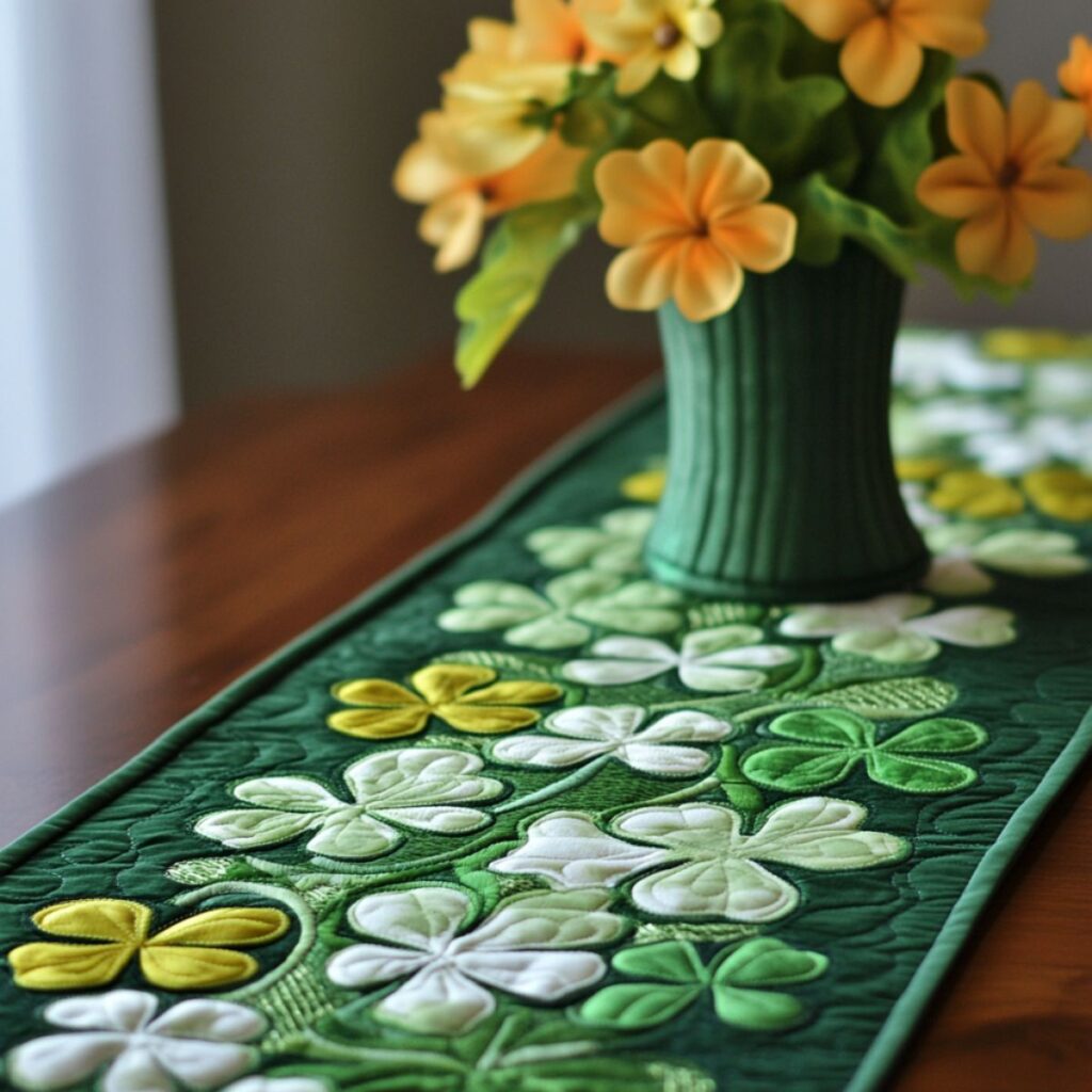 A shamrock table runner with yellow flowers on top. 