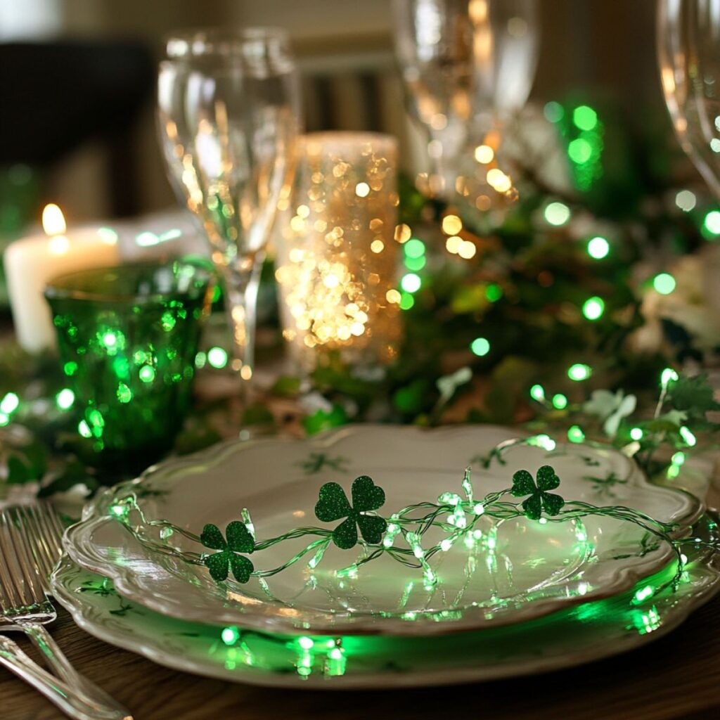 Table setting with green fairy lights and little shamrocks. 