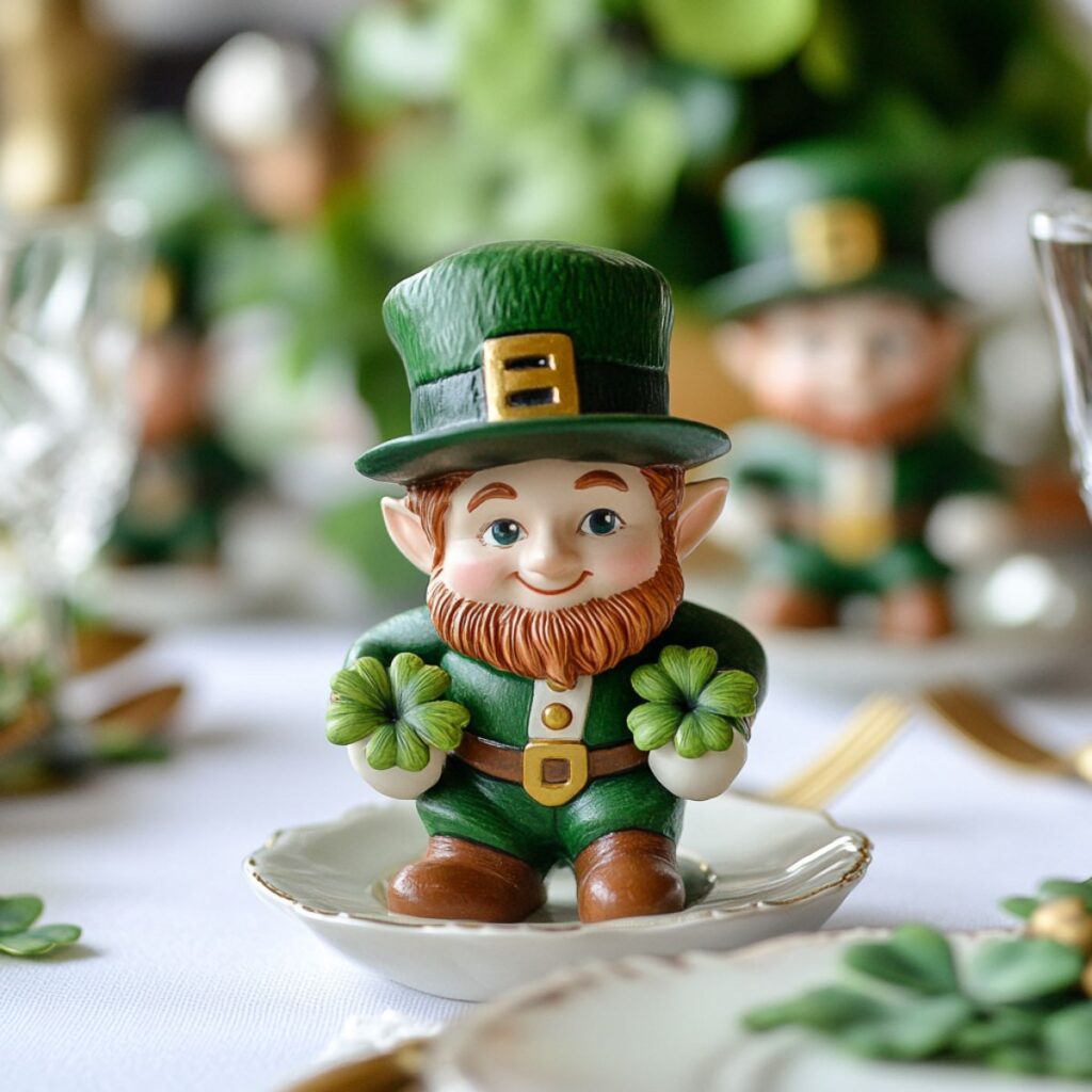 A leprechaun figurine on a table. 