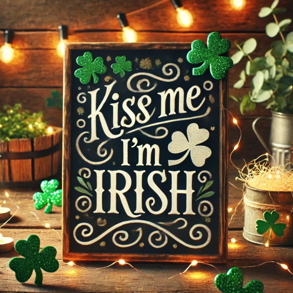 Chalk board with "Kiss me I'm Irish" on the sign. 