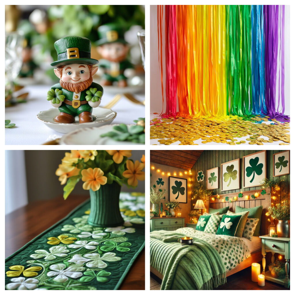 Leprechaun figurine, rainbow streamers, st. patricks themed bedroom.