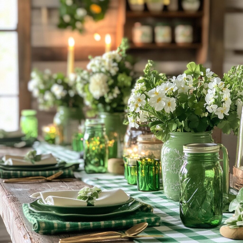 A tablescape with green mason jars, flowers, and green check table runner.