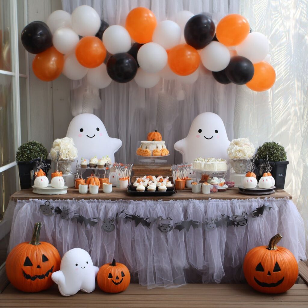 Party table with cute ghosts, jack o lantern, and balloons.