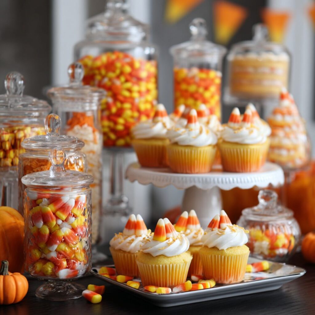Table with candy corn cupcakes and jars filled with candy corn.