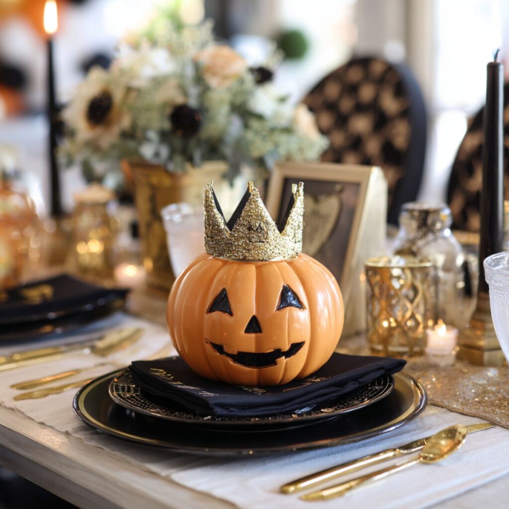 A table with black plates and a ceramic jack-o-lantern with a gold crown.