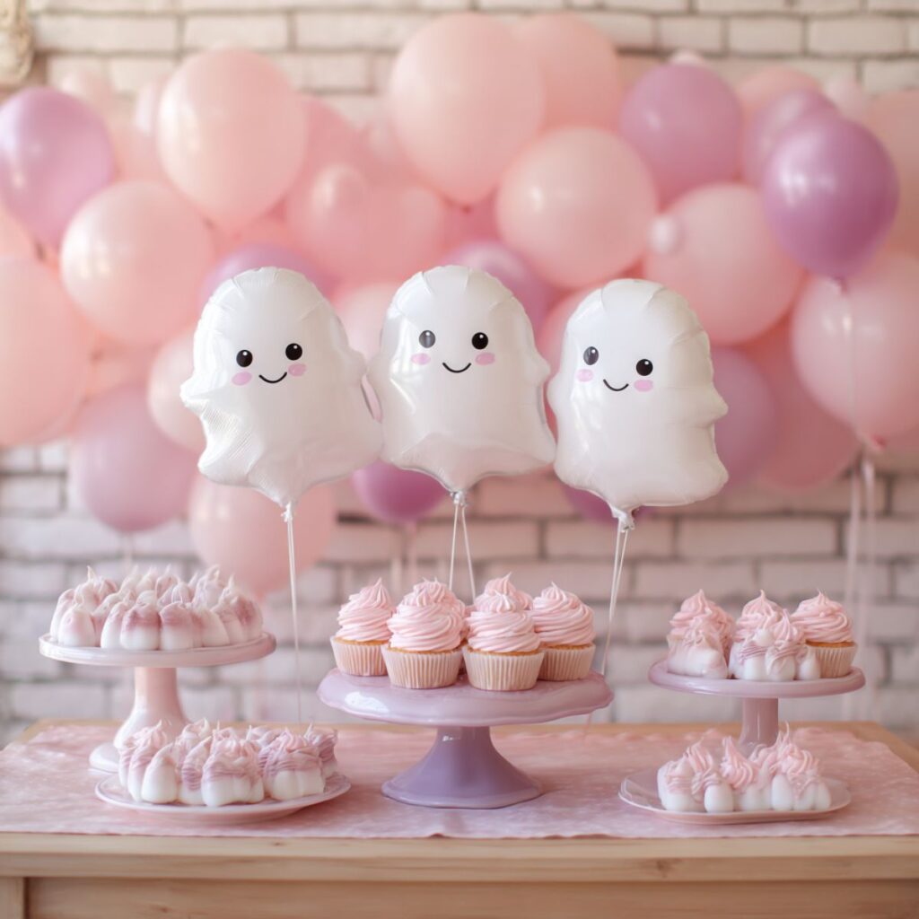 Pink balloons and ghost balloons over a party table with cupcakes.