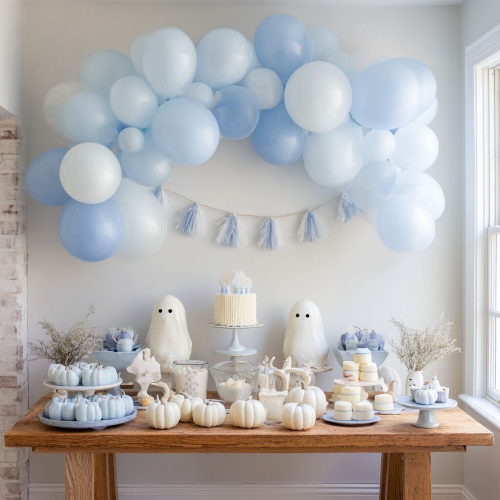 Party table with white pumpkins, ceramic ghosts, and blue balloons.