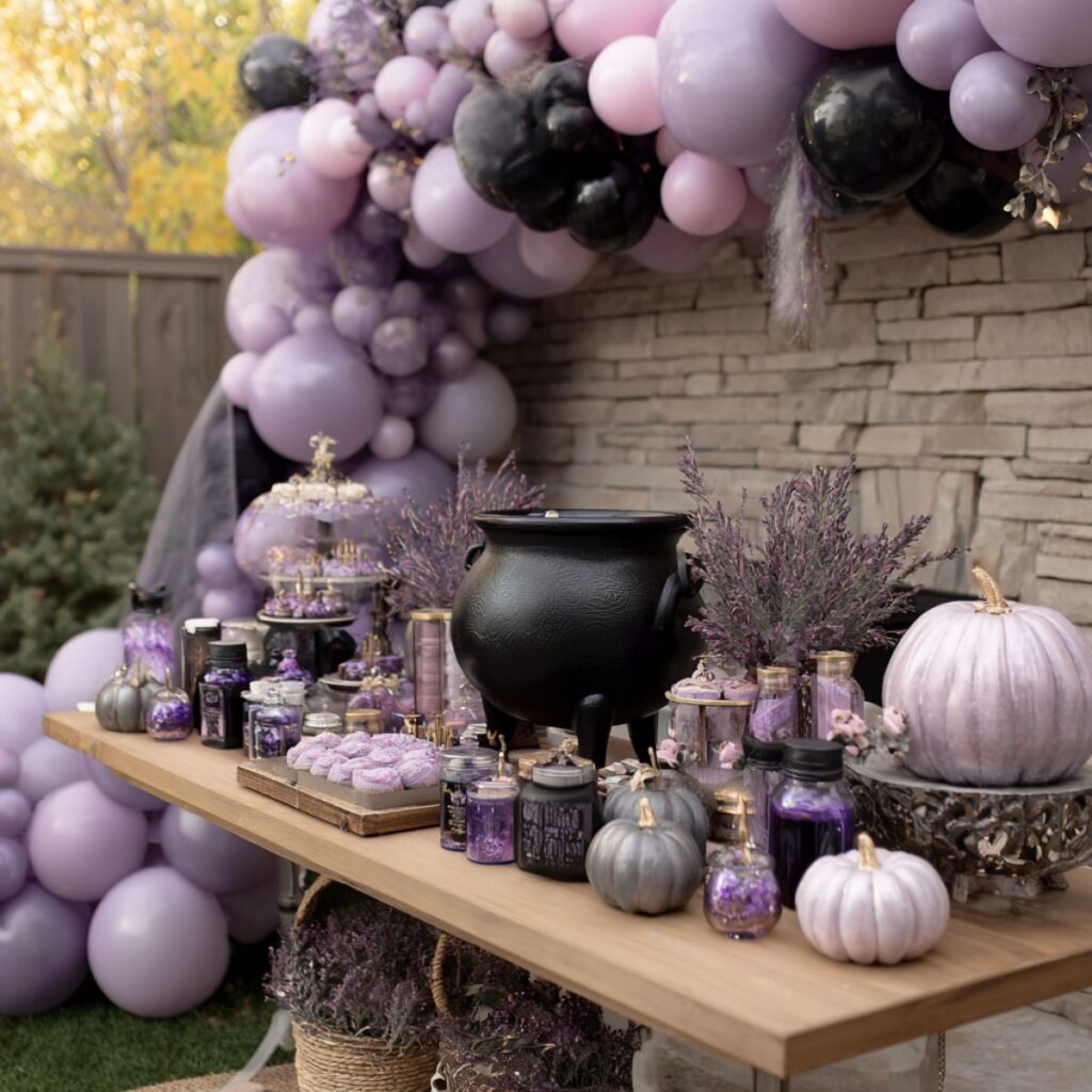 Beautiful party table with purple balloons and a witches cauldren.