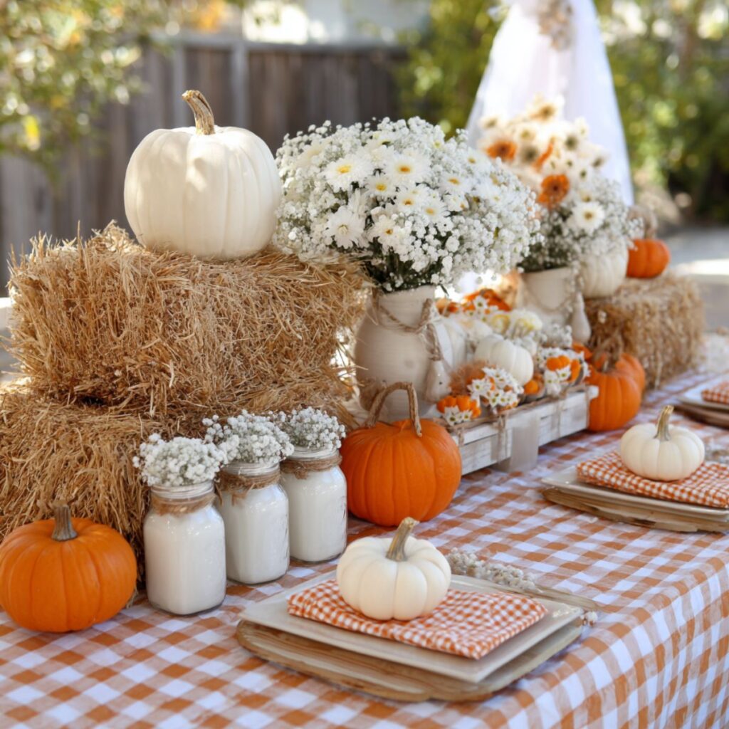 Table set with gingham tablecloth, hay bales, and pumpkins.