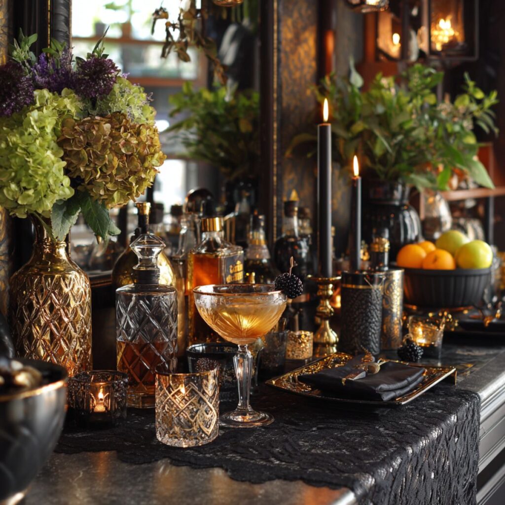 A table with cocktails, black candles, and flowers.