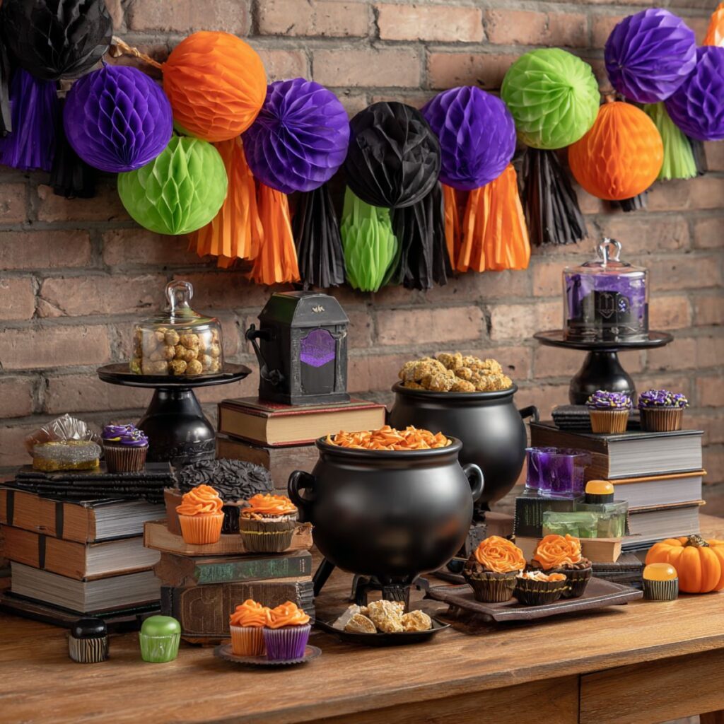 Table decorated with cauldrons of food and colorful pom poms hanging over the table.