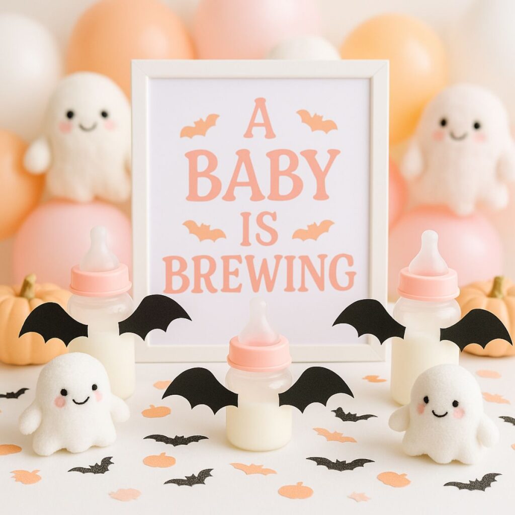 A table with cute ghosts, baby bottles with bat wings, and a sign with a baby is brewing.