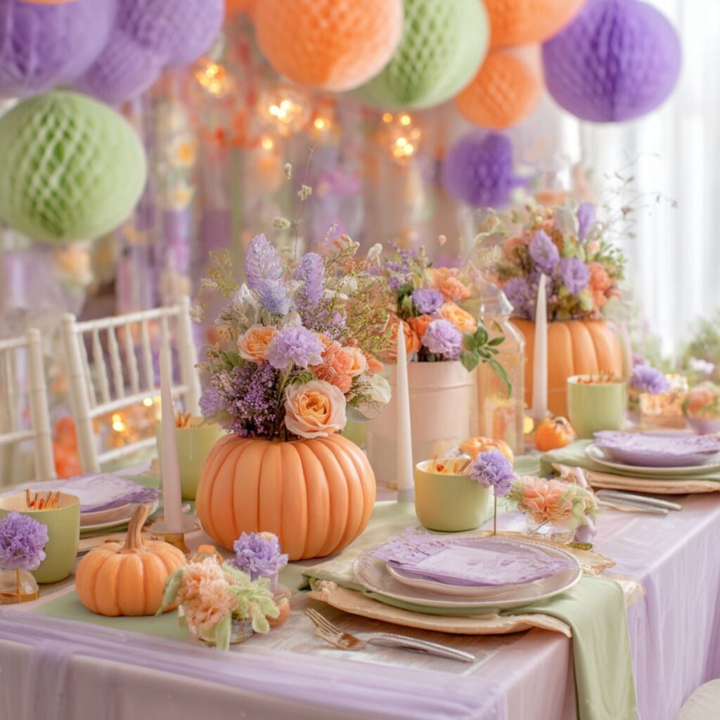 A table set with pastel orange, purple, green and pumpkins.